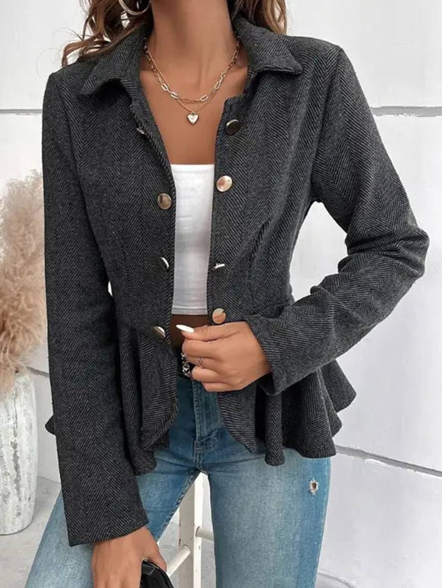 Mirla | Kort Blazer Chevron Peplum Dubbla Knappar Stängning Reverskrage Långa Ärmar Damer Elegant Lätt Jacka-Eva Jonsson