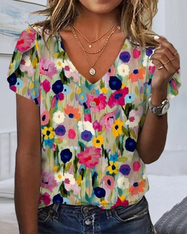 Mirla | Kortärmad färgglad blus med V-hals-Eva Jonsson