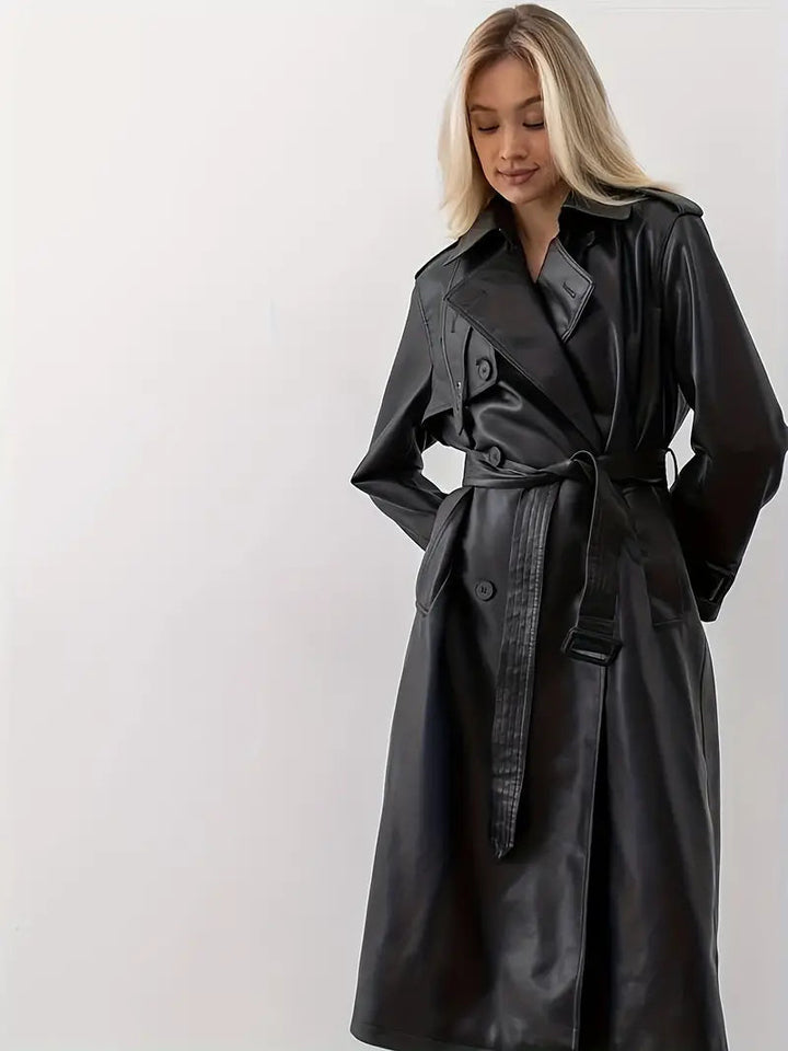 Mirla | Läder-Trenchcoat Kvinnor - Lång Trenchcoat Svart-Eva Jonsson