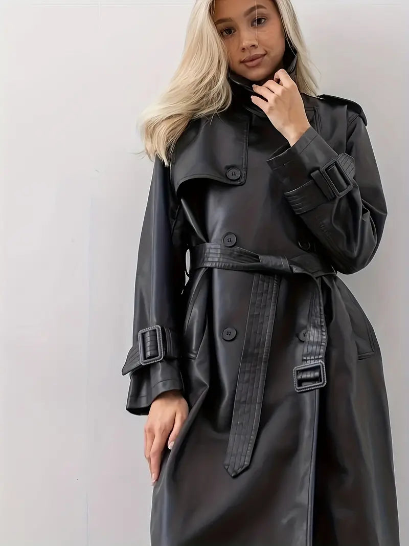 Mirla | Läder-Trenchcoat Kvinnor - Lång Trenchcoat Svart-Eva Jonsson