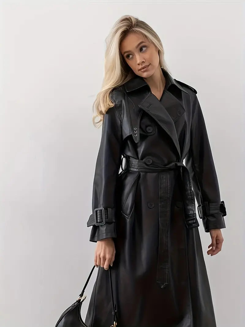 Mirla | Läder-Trenchcoat Kvinnor - Lång Trenchcoat Svart-Eva Jonsson