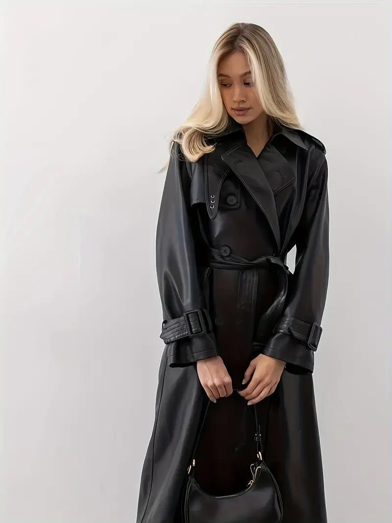 Mirla | Läder-Trenchcoat Kvinnor - Lång Trenchcoat Svart-Eva Jonsson