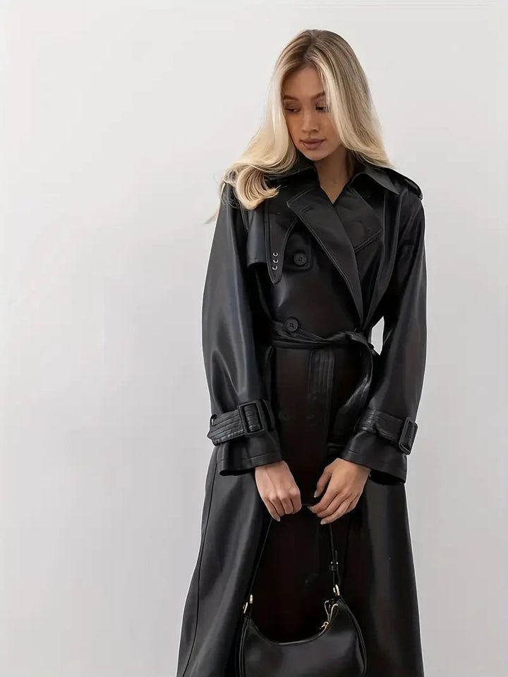 Mirla | Läder-Trenchcoat Kvinnor - Lång Trenchcoat Svart-Eva Jonsson