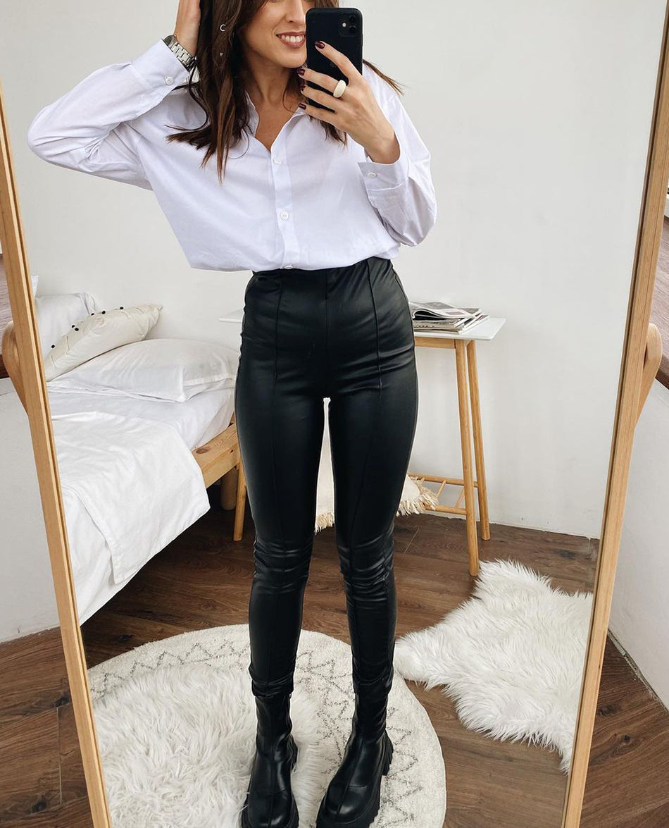 Mirla | Läderleggings Läderstretchleggings med fleece för hösten-Eva Jonsson