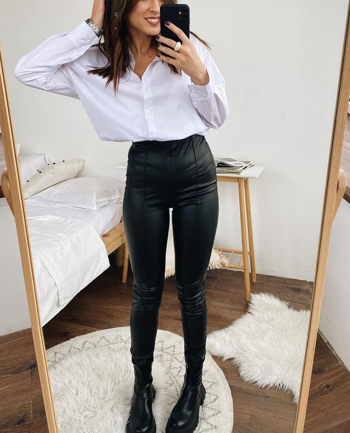 Mirla | Läderleggings Läderstretchleggings med fleece för hösten-Eva Jonsson