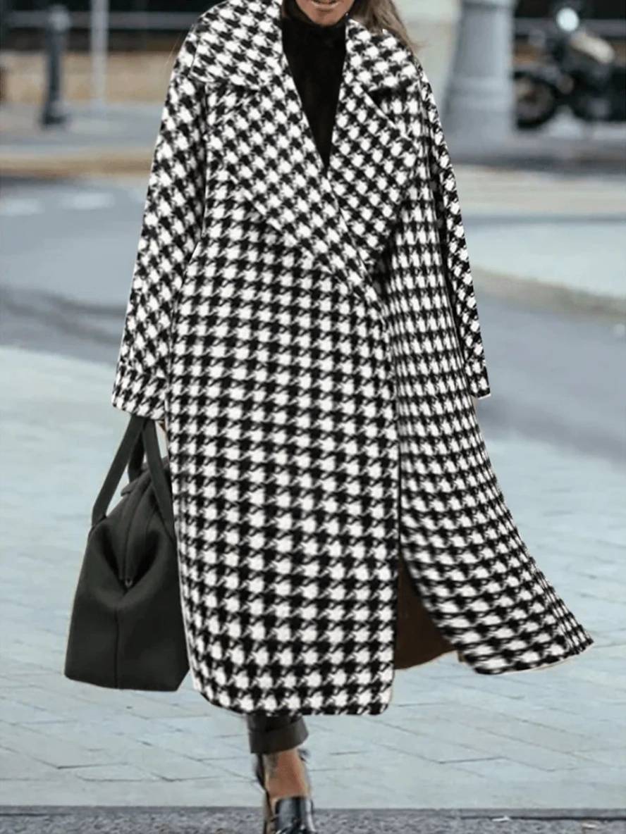 Mirla | Lång Kappa i Ull-Hönsnästa Varmt Fickor Kvinna Elegant Löst Oversize Fritid Vinter Ytterkläder-Eva Jonsson