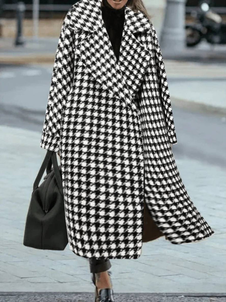 Mirla | Lång Kappa i Ull-Hönsnästa Varmt Fickor Kvinna Elegant Löst Oversize Fritid Vinter Ytterkläder-Eva Jonsson