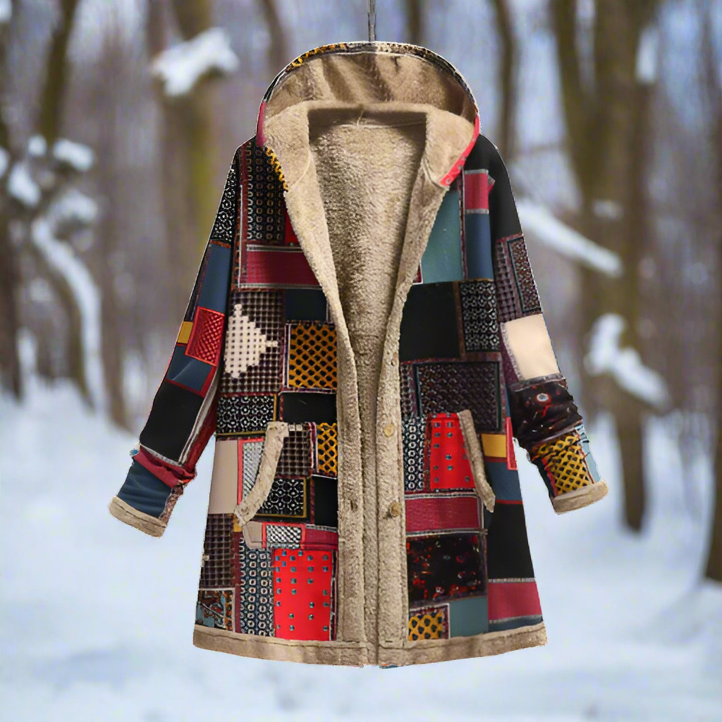 Mirla | Lång Patchwork-Kappa Fodrad med Fleece Huva & Knapplist Avslappnad Look-Eva Jonsson