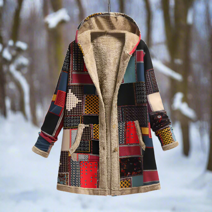 Mirla | Lång Patchwork-Kappa Fodrad med Fleece Huva & Knapplist Avslappnad Look-Eva Jonsson