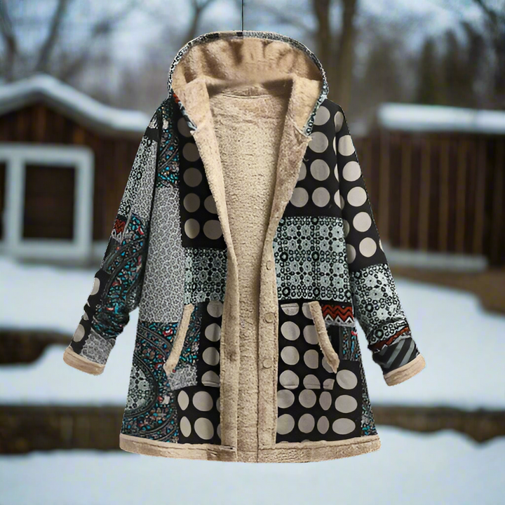 Mirla | Lång Patchwork-Kappa Fodrad med Fleece Huva & Knapplist Avslappnad Look-Eva Jonsson
