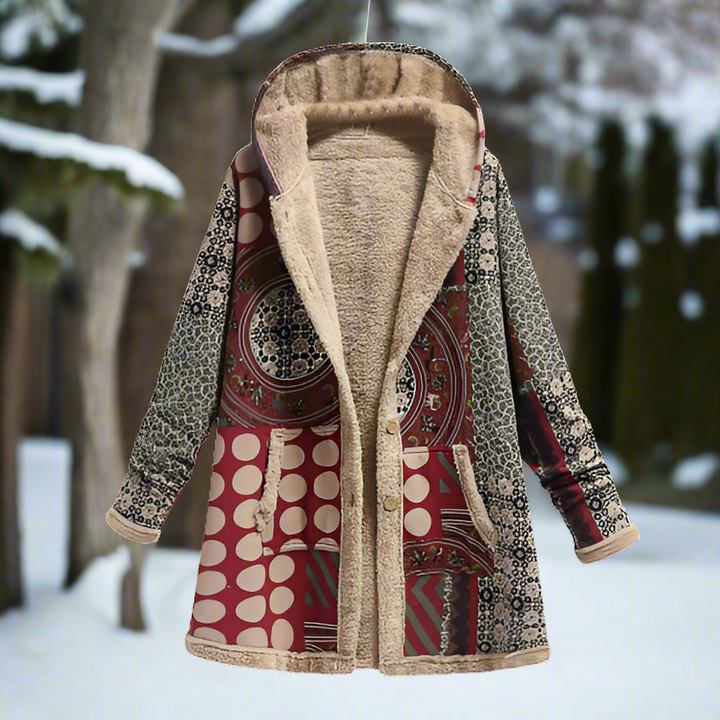 Mirla | Lång Patchwork-Kappa Fodrad med Fleece Huva & Knapplist Avslappnad Look-Eva Jonsson