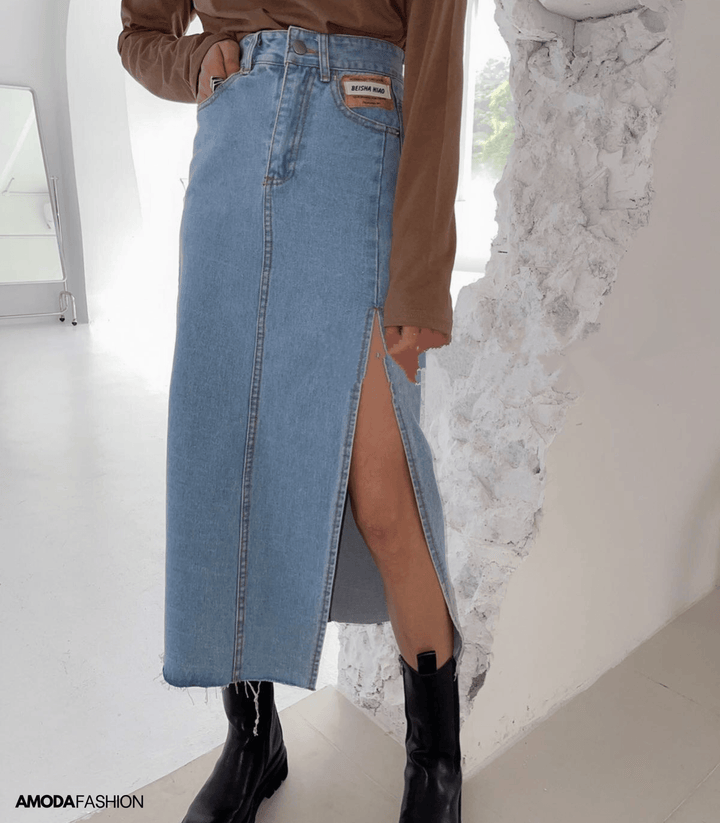 Mirla | Lång blyertskjol i denim med sidospalt-Eva Jonsson