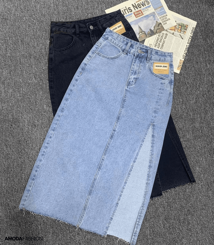 Mirla | Lång blyertskjol i denim med sidospalt-Eva Jonsson