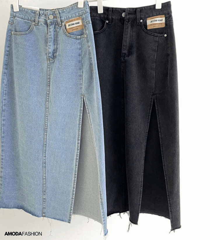 Mirla | Lång blyertskjol i denim med sidospalt-Eva Jonsson
