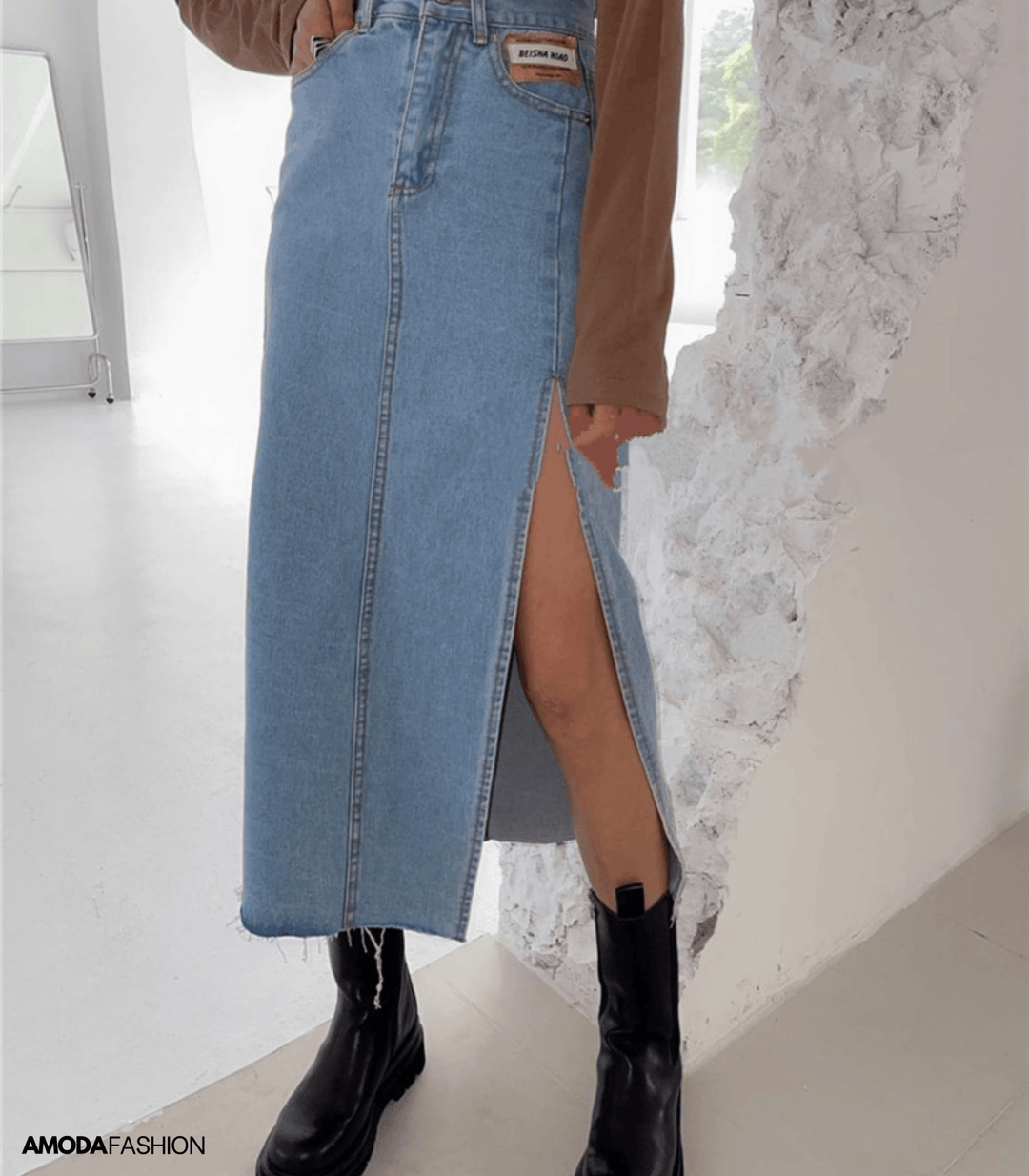 Mirla | Lång blyertskjol i denim med sidospalt-Eva Jonsson