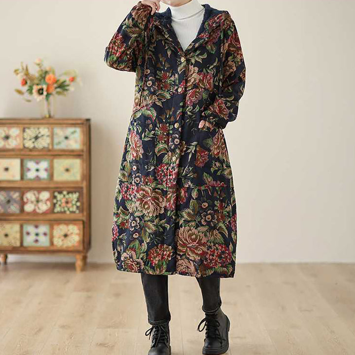 Mirla | Lång kappa i vintage-stil med blommönster-Eva Jonsson