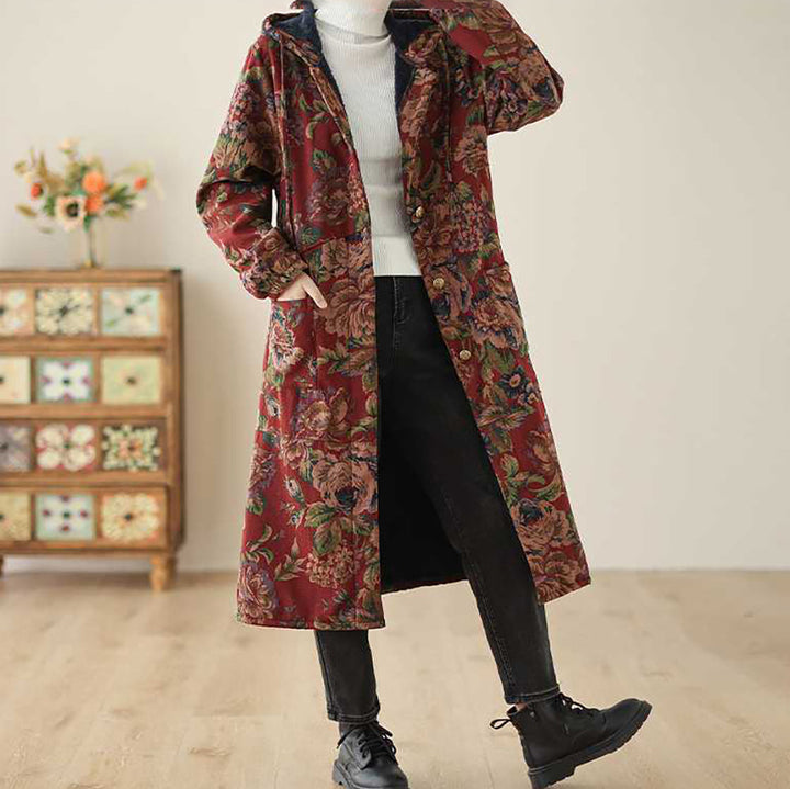 Mirla | Lång kappa i vintage-stil med blommönster-Eva Jonsson