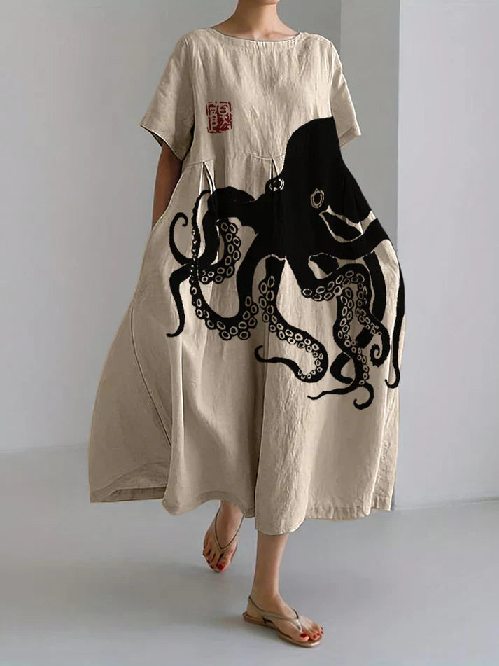 Mirla | Lång klänning av halvlinnen med japanskt mönster av octopus-linen-Eva Jonsson
