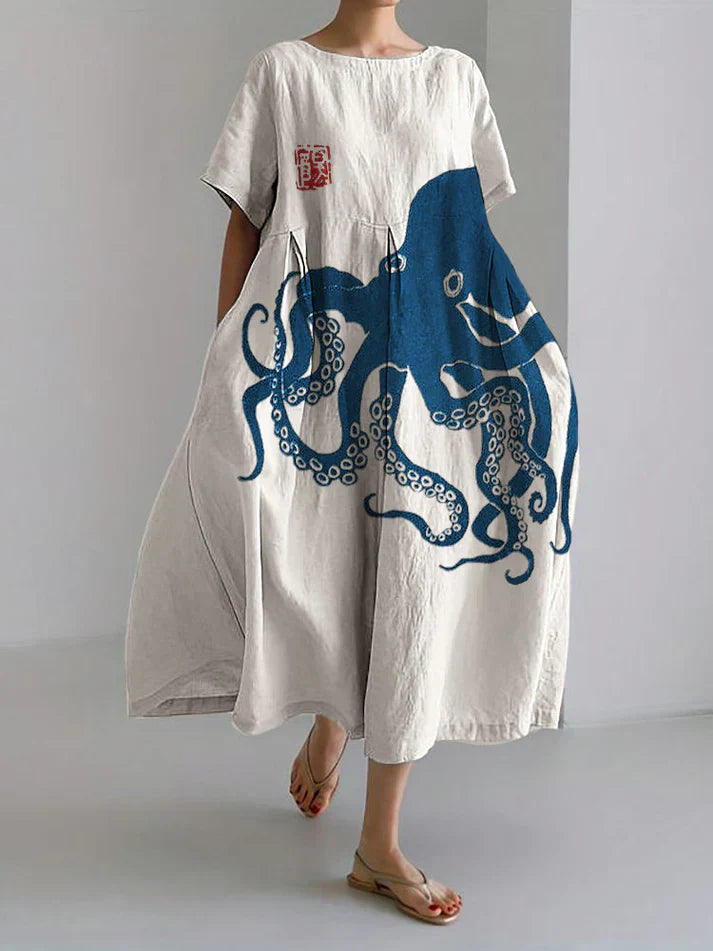 Mirla | Lång klänning av halvlinnen med japanskt mönster av octopus-linen-Eva Jonsson