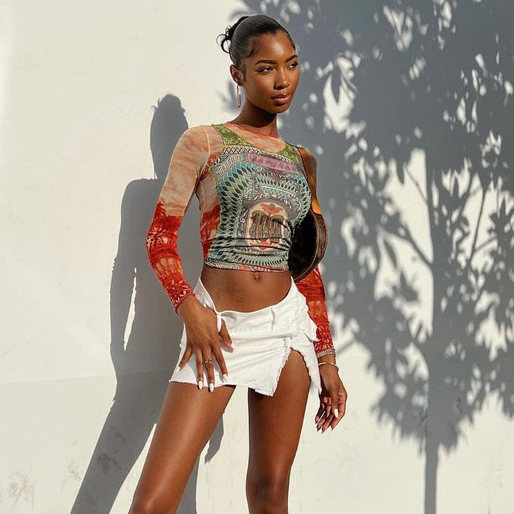 Mirla | Långärmad mesh-top med tatueringstryck-Eva Jonsson
