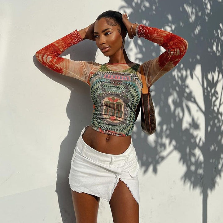 Mirla | Långärmad mesh-top med tatueringstryck-Eva Jonsson