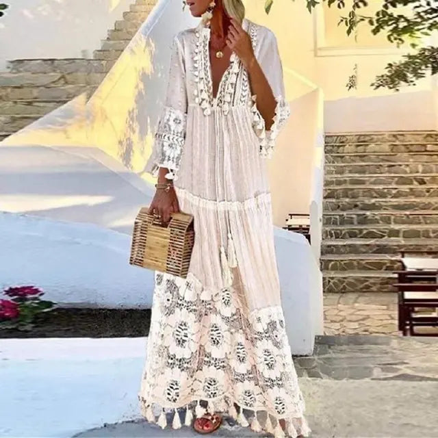 Mirla | Långt Boho-klänning med spets och fransar-Eva Jonsson