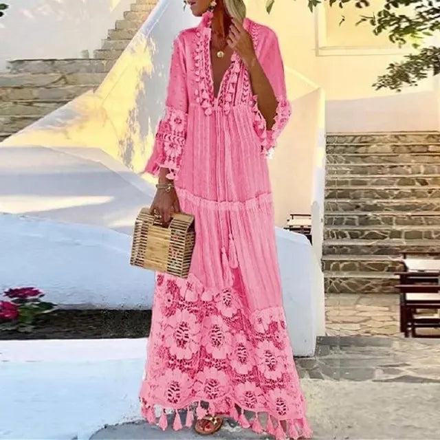 Mirla | Långt Boho-klänning med spets och fransar-Eva Jonsson