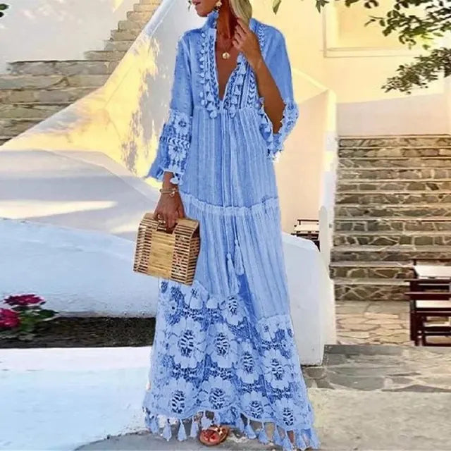 Mirla | Långt Boho-klänning med spets och fransar-Eva Jonsson