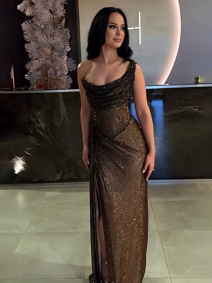 Mirla | Långt Fitted Oregelbundet Sidsprick Lösärmad Elegant Damer Ball Prom Kvällsklänning-Eva Jonsson