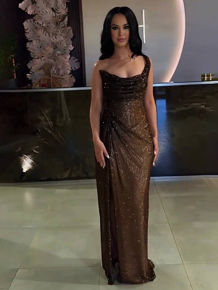 Mirla | Långt Fitted Oregelbundet Sidsprick Lösärmad Elegant Damer Ball Prom Kvällsklänning-Eva Jonsson