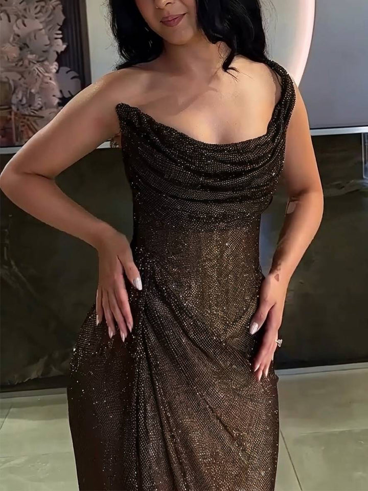 Mirla | Långt Fitted Oregelbundet Sidsprick Lösärmad Elegant Damer Ball Prom Kvällsklänning-Eva Jonsson