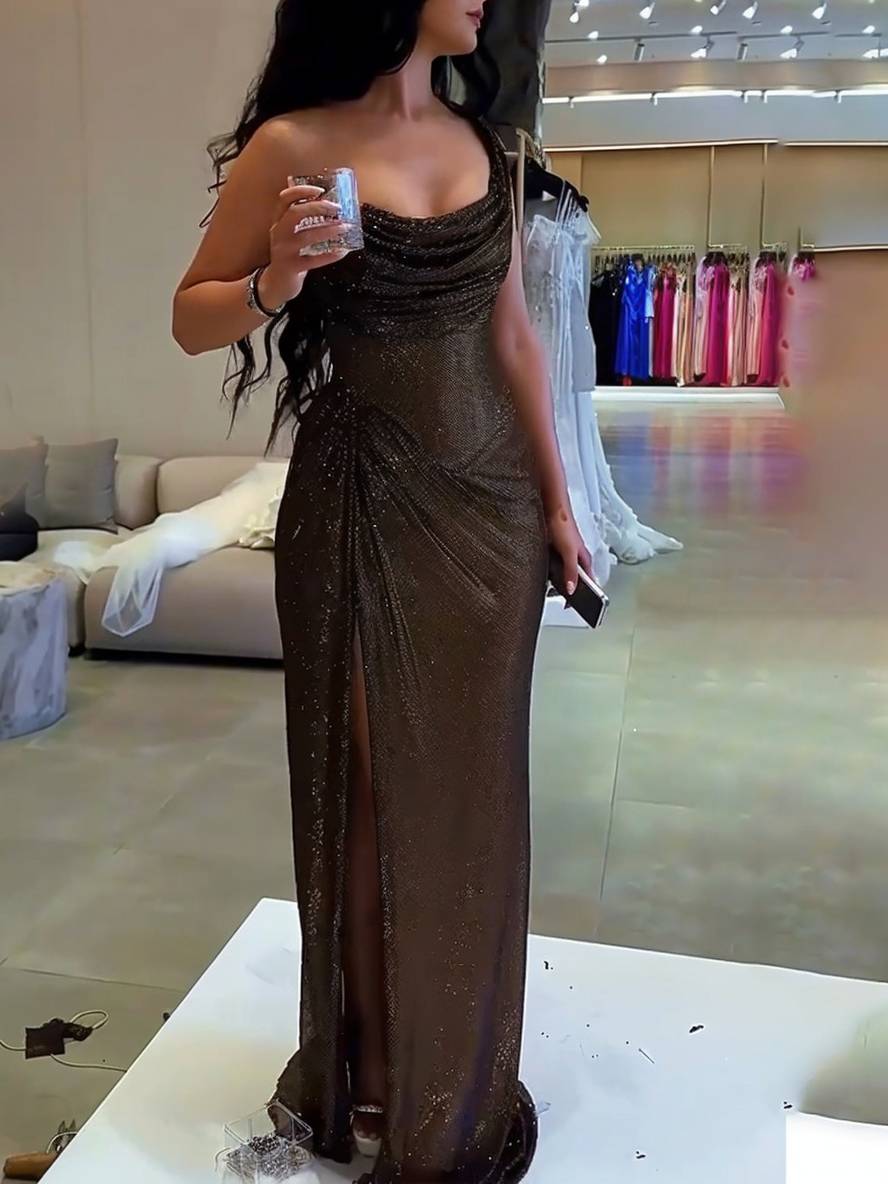 Mirla | Långt Fitted Oregelbundet Sidsprick Lösärmad Elegant Damer Ball Prom Kvällsklänning-Eva Jonsson
