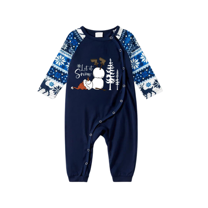 Mirla | Låt Det Snöa Slogan och Snögubbe Tryckt Blå Julpyjamas I Matchande Design-Eva Jonsson