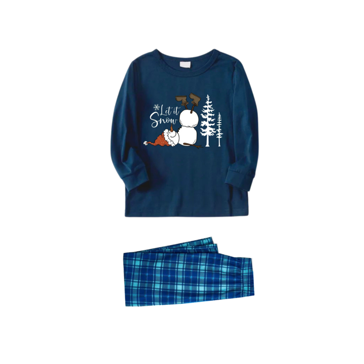 Mirla | Låt Det Snöa Slogan och Snögubbe Tryckta Blå Rutig Julfamilj-Matching-Pyjamas-Eva Jonsson