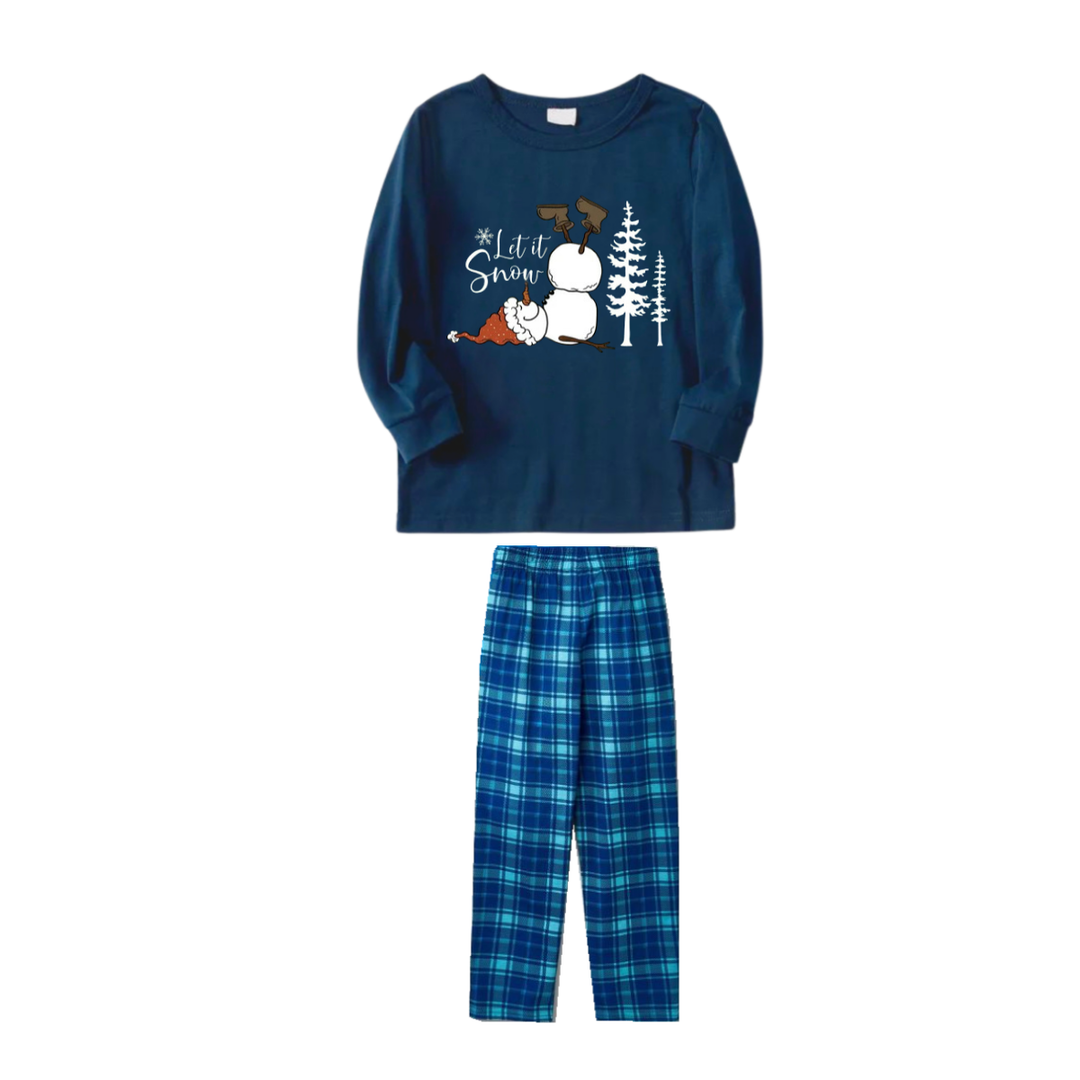 Mirla | Låt Det Snöa Slogan och Snögubbe Tryckta Blå Rutig Julfamilj-Matching-Pyjamas-Eva Jonsson