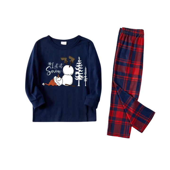Mirla | Låt Det Snöa Slogan och Snögubbe Tryckta Röda och Blå Rutiga Jul-Matchande Pyjamas-Eva Jonsson