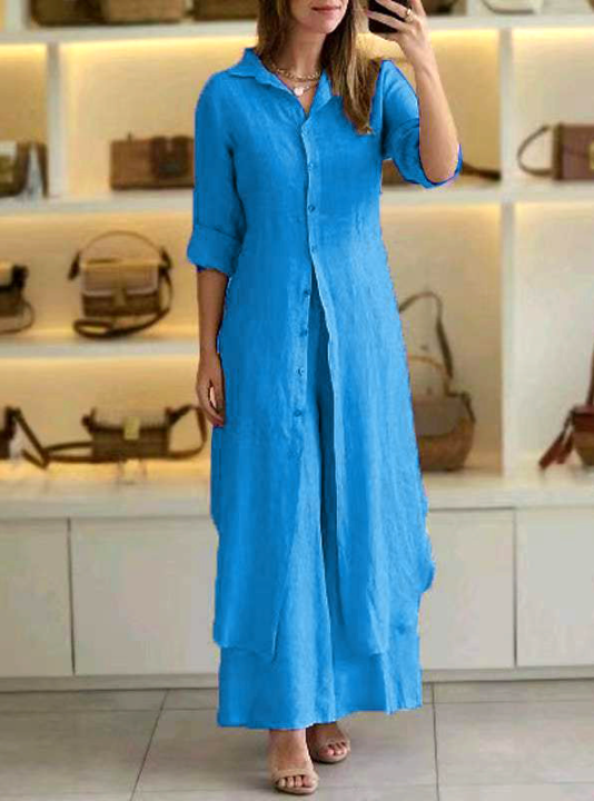 Mirla | Lätt Enfärgad Knappar Skjortkrage Långärmad Två Delar - 7 Färger-Eva Jonsson