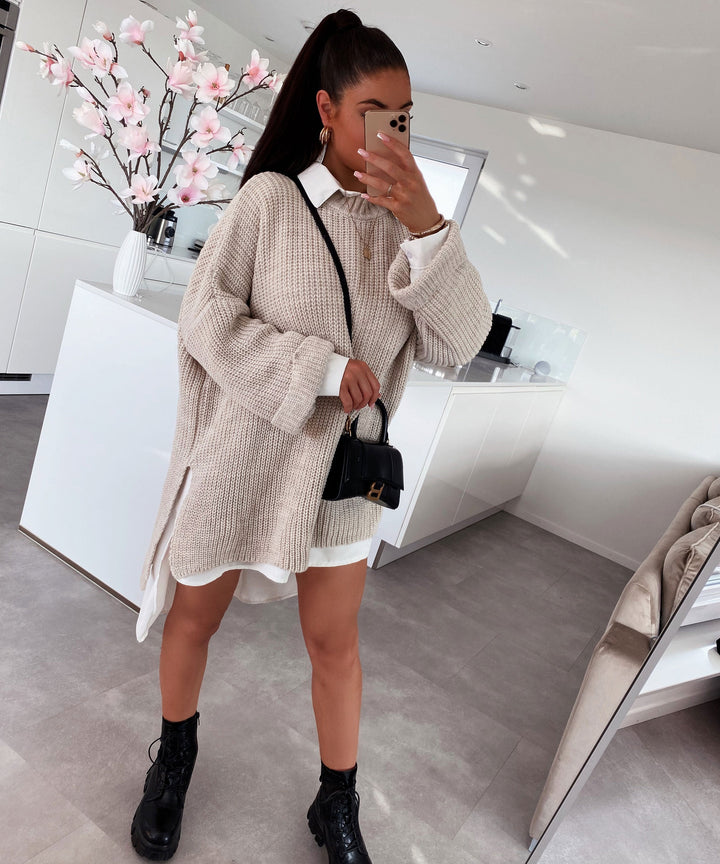 Mirla | Lätt Oversized Stickad Tröja I Mjuk Beige-Eva Jonsson