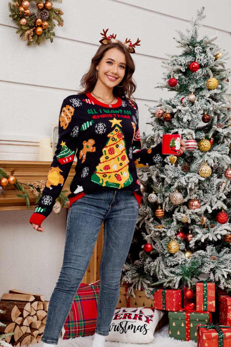 Mirla | Lätt Rundhalsad Tröja med Broderad Julgran-Eva Jonsson