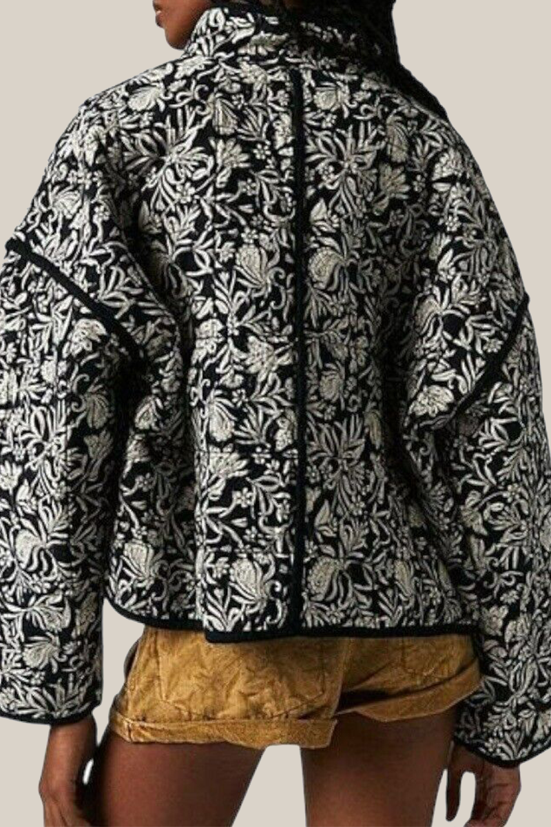 Mirla | Lätt blommig väska patchwork kontrast mandarin krage ytterkläder - 12 färger-Eva Jonsson