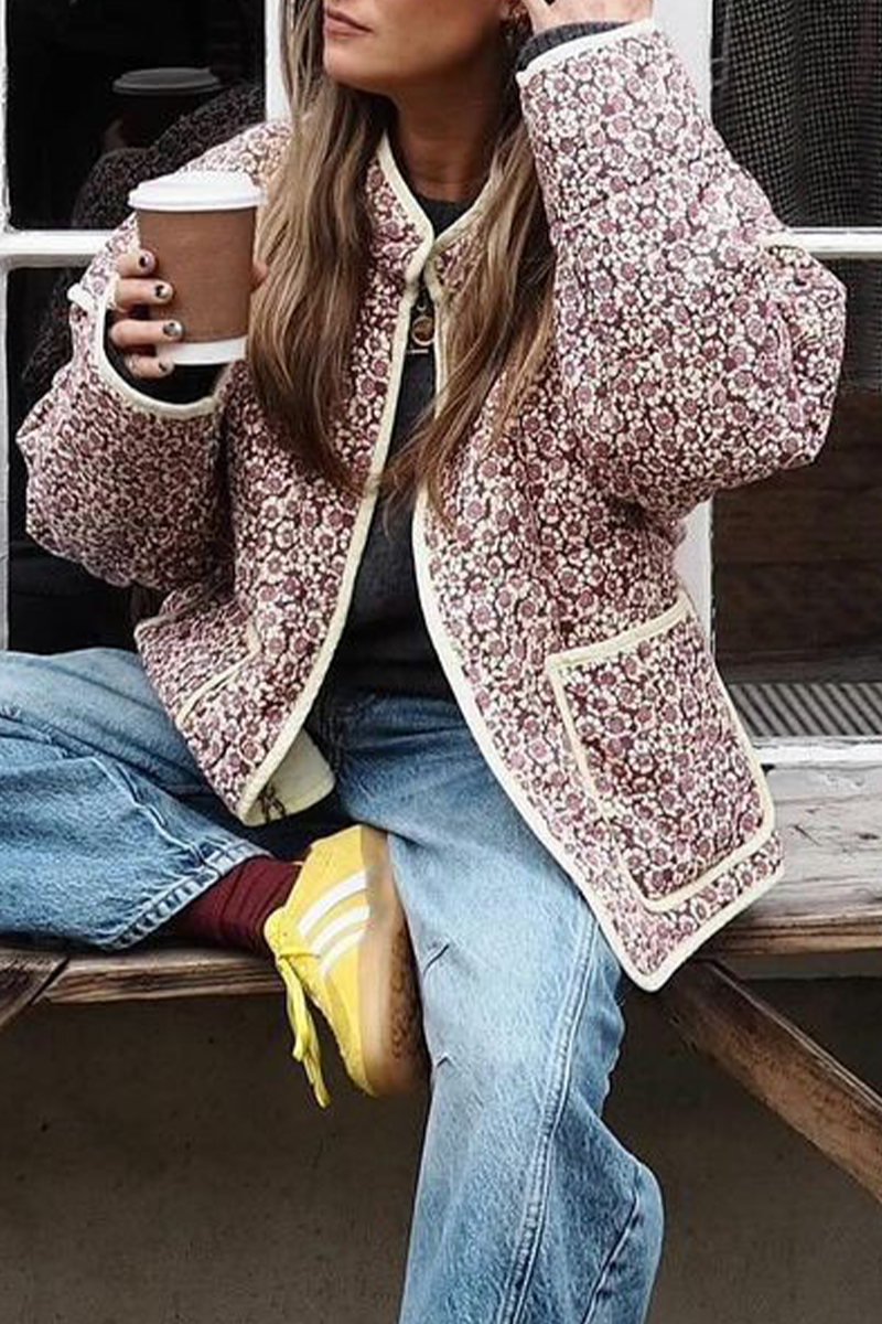 Mirla | Lätt blommig väska patchwork kontrast mandarin krage ytterkläder - 12 färger-Eva Jonsson