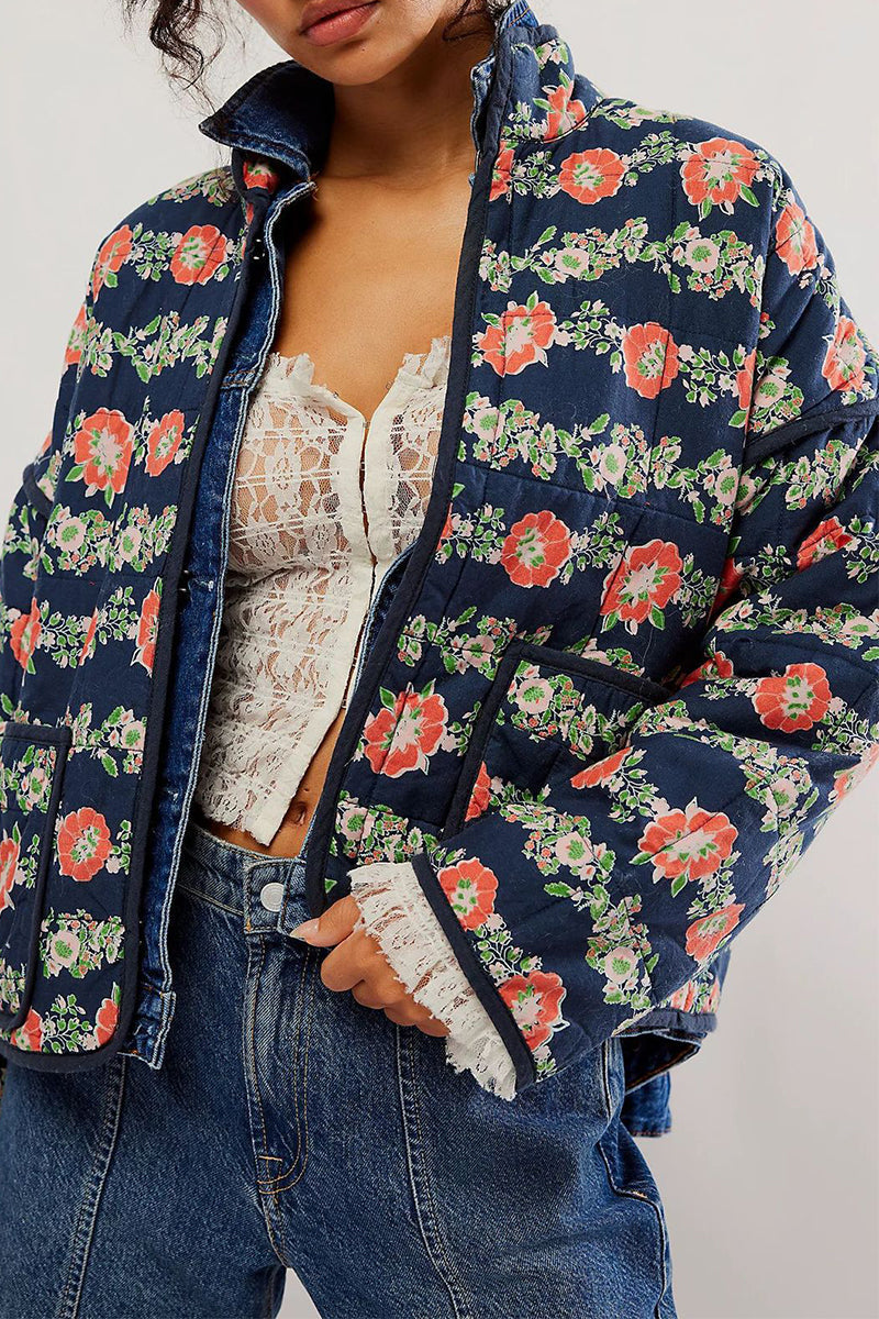 Mirla | Lätt blommig väska patchwork kontrast mandarin krage ytterkläder - 12 färger-Eva Jonsson