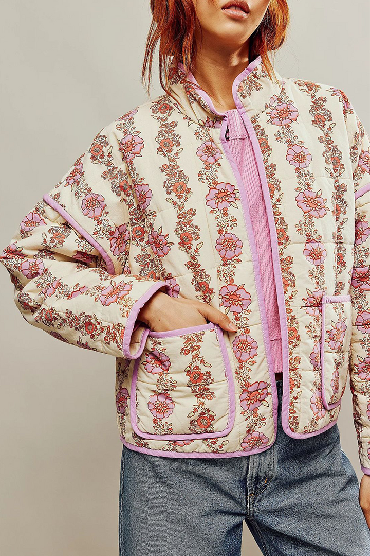 Mirla | Lätt blommig väska patchwork kontrast mandarin krage ytterkläder - 12 färger-Eva Jonsson