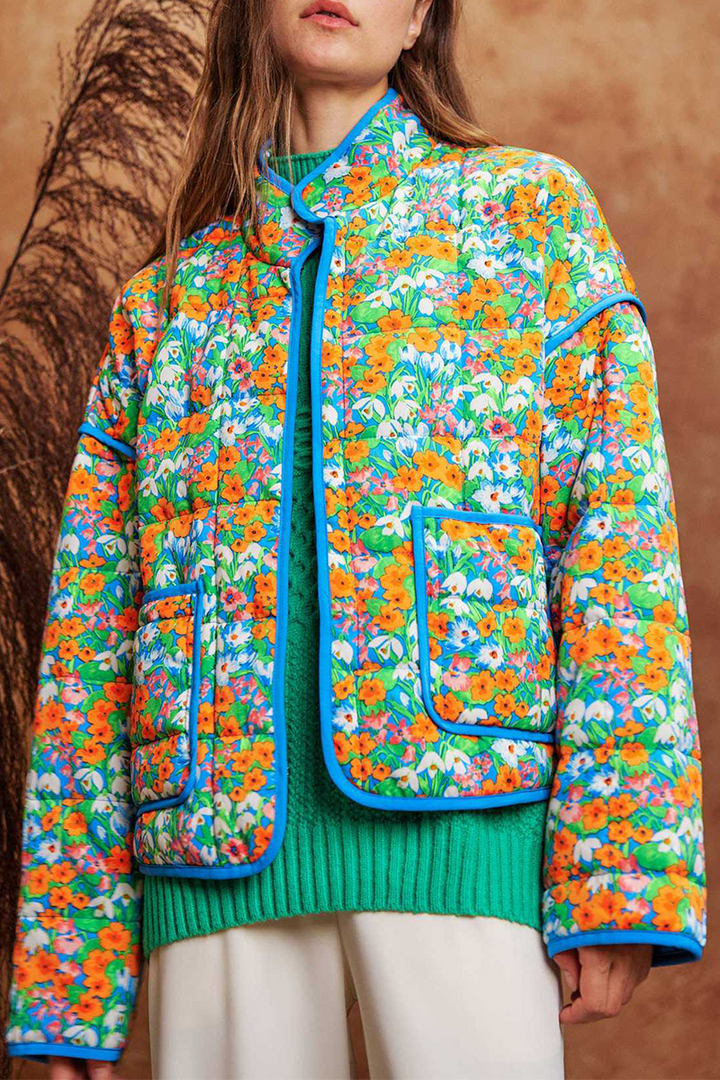 Mirla | Lätt blommig väska patchwork kontrast mandarin krage ytterkläder - 12 färger-Eva Jonsson