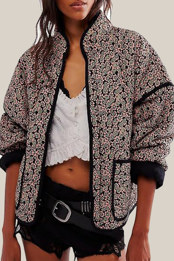Mirla | Lätt blommig väska patchwork kontrast mandarin krage ytterkläder - 12 färger-Eva Jonsson