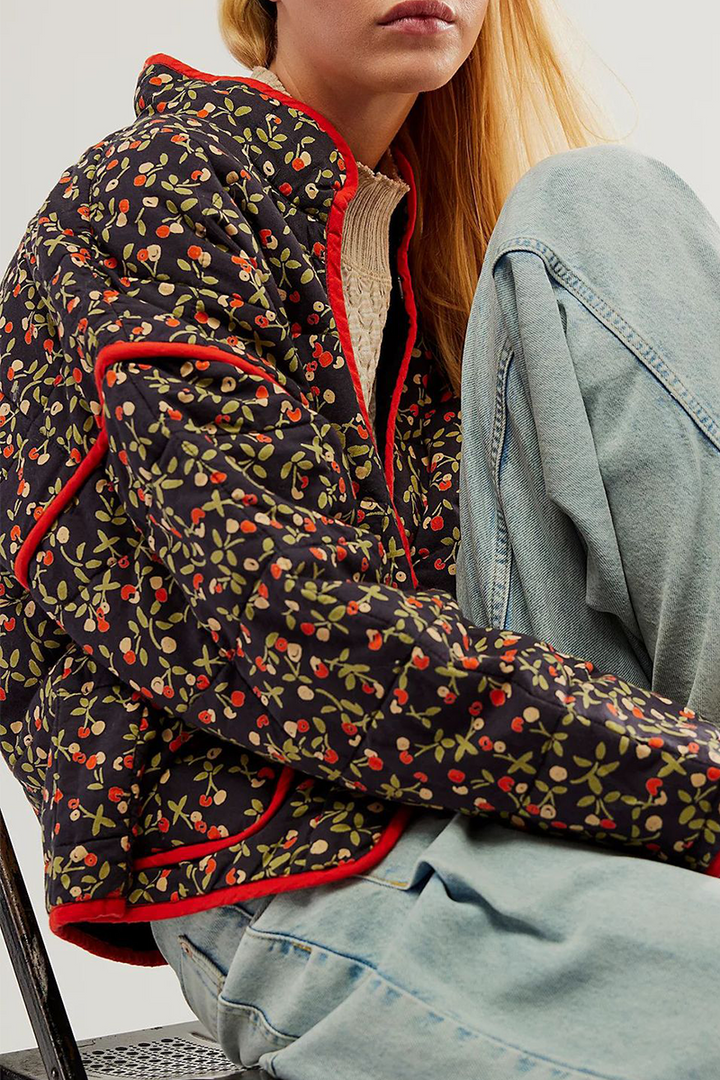 Mirla | Lätt blommig väska patchwork kontrast mandarin krage ytterkläder - 12 färger-Eva Jonsson