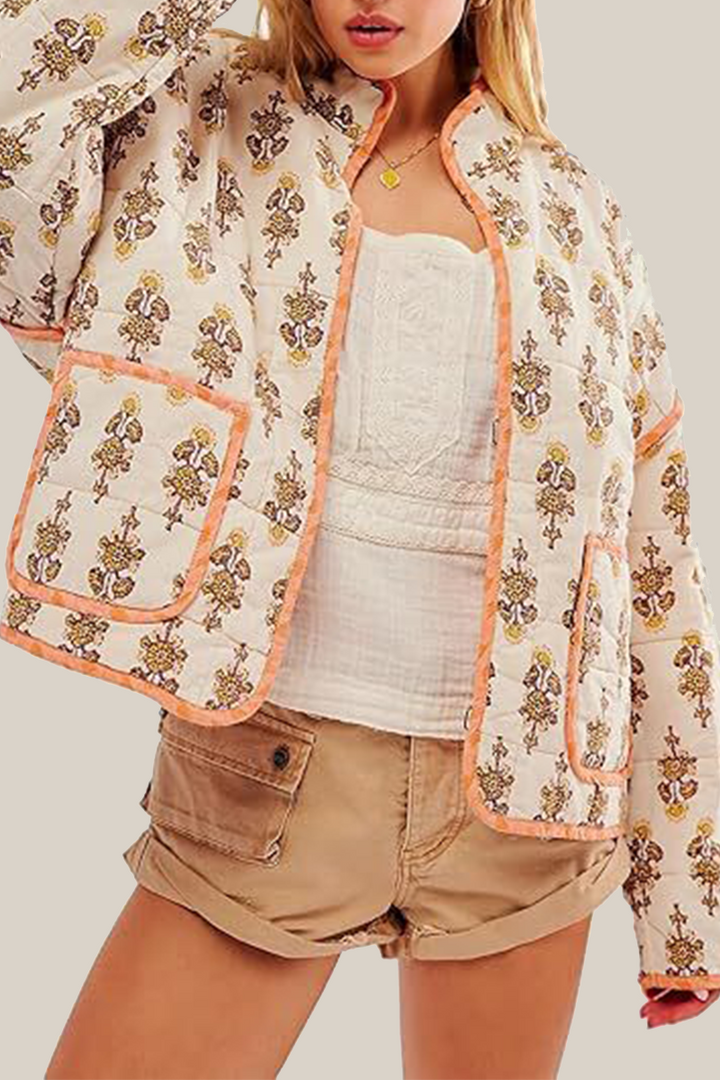 Mirla | Lätt blommig väska patchwork kontrast mandarin krage ytterkläder - 12 färger-Eva Jonsson