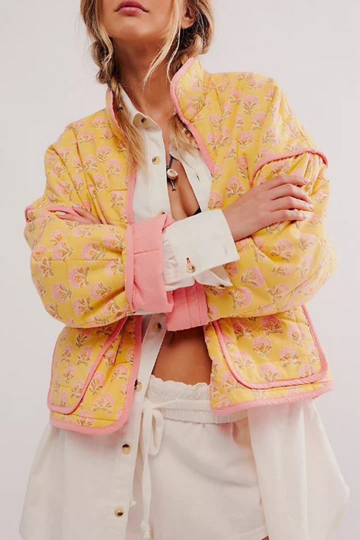 Mirla | Lätt blommig väska patchwork kontrast mandarin krage ytterkläder - 12 färger-Eva Jonsson