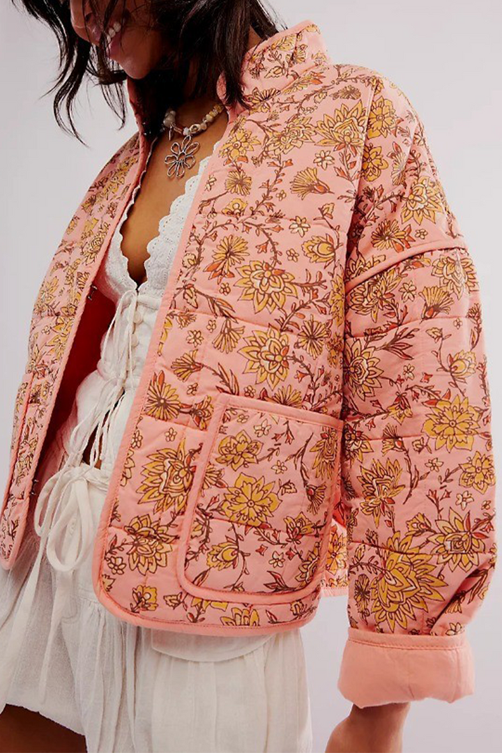 Mirla | Lätt blommig väska patchwork kontrast mandarin krage ytterkläder - 12 färger-Eva Jonsson