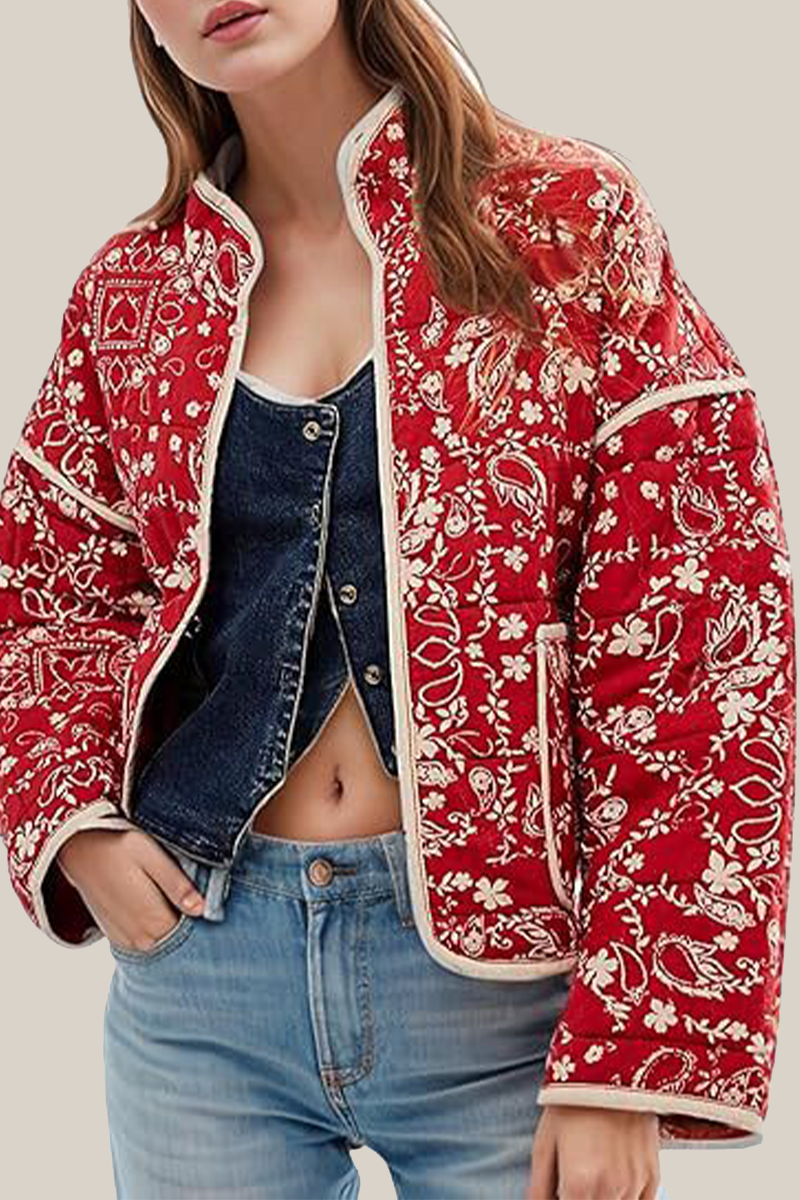 Mirla | Lätt blommig väska patchwork kontrast mandarin krage ytterkläder - 12 färger-Eva Jonsson